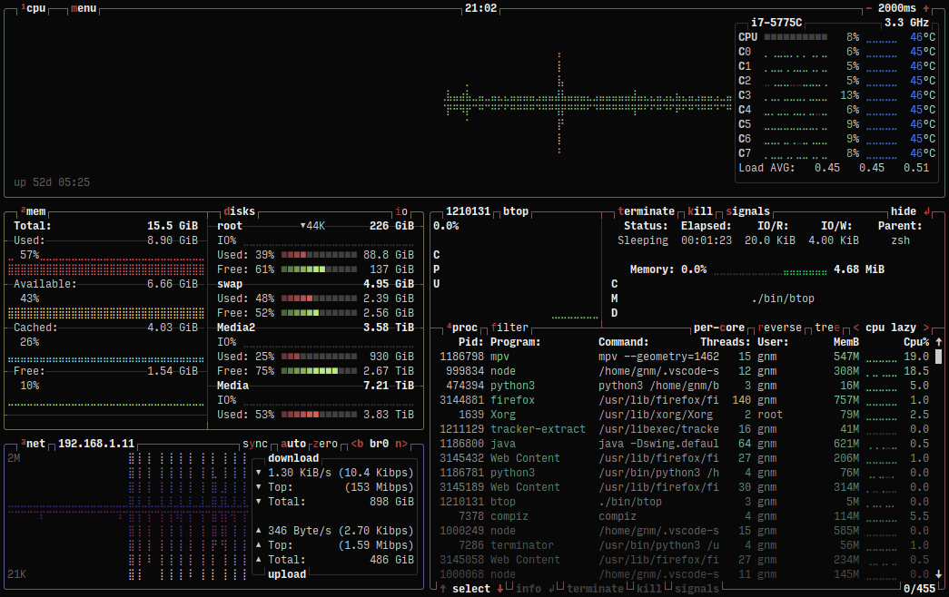 The btop command in action